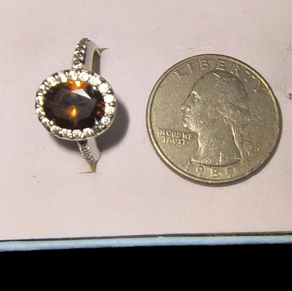 Sterling Silver, Clear & Cognac Colored CZ Halo Ring